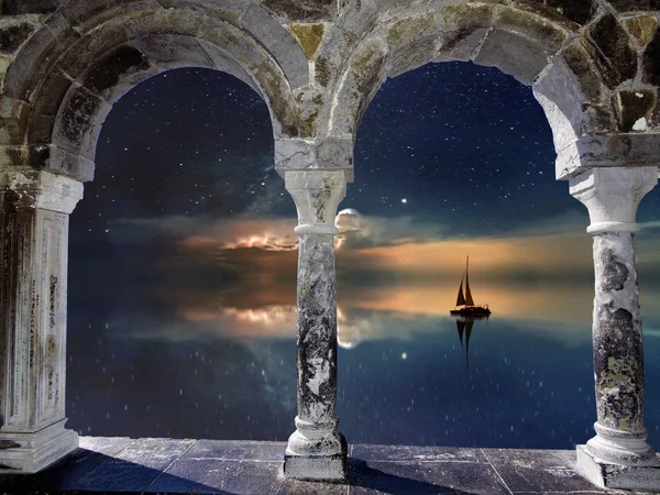 Fantastic Boat Silhouette Sailing Clouds Old Stone Archway Portal Futuristic — Stock Photo, Image