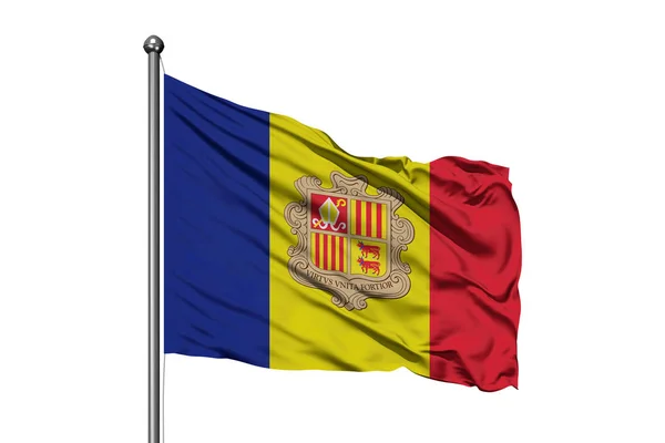 Bandera Andorra Ondeando Viento Fondo Blanco Aislado Bandera Andorra — Foto de Stock