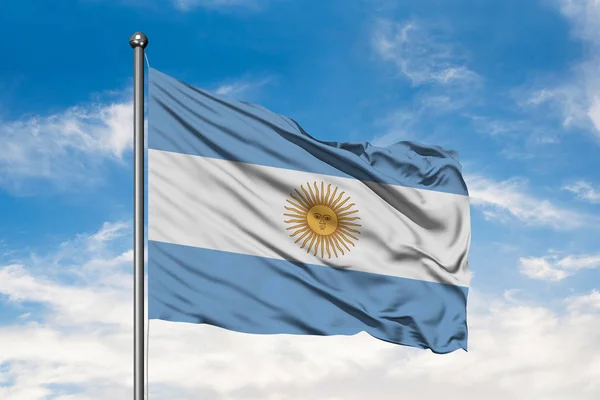 Bandera Argentina Ondeando Viento Contra Cielo Azul Nublado Blanco Bandera — Foto de Stock