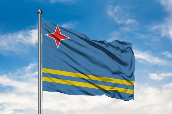 Vlajka Aruba Mávat Větru Proti Bílé Modrou Oblohou — Stock fotografie