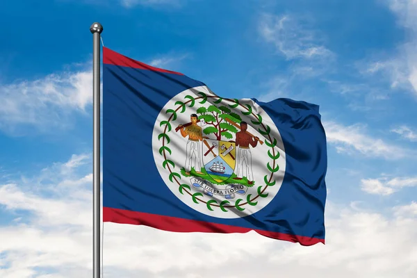 Flag Belize Waving Wind White Cloudy Blue Sky Belizean Flag — Stock Photo, Image