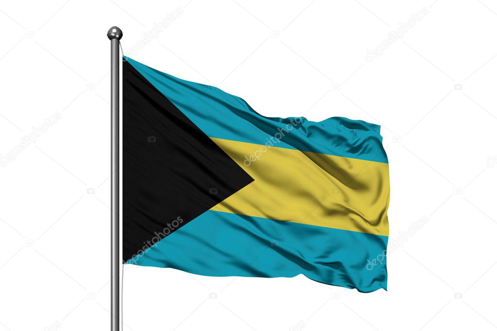 Flag of Bahamas waving in the wind, isolated white background. Bahamian flag.