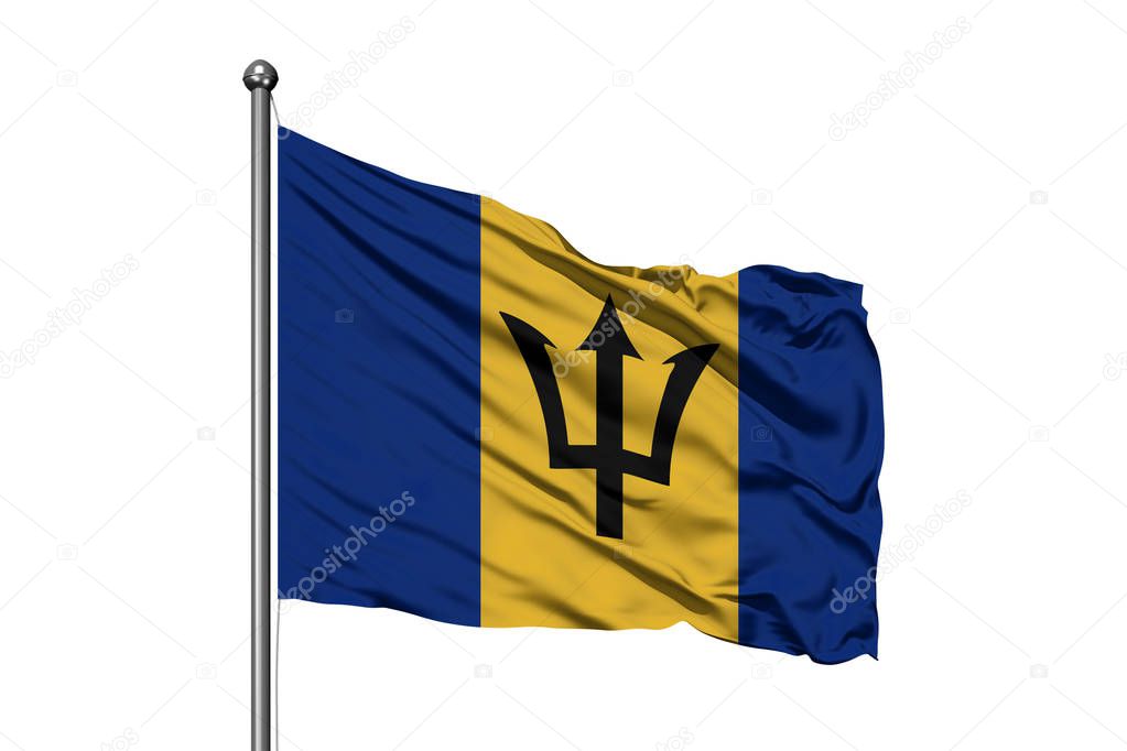 Flag of Barbados waving in the wind, isolated white background. Barbadian flag.
