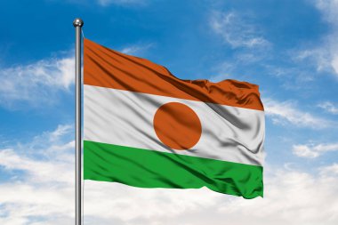 Nijer beyaz bulutlu mavi gökyüzü karşı rüzgarda sallayarak bayrak. Nijer bayrak.