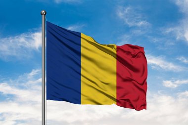 Romanya beyaz bulutlu mavi gökyüzü karşı rüzgarda sallayarak bayrak. Romanya bayrağı.