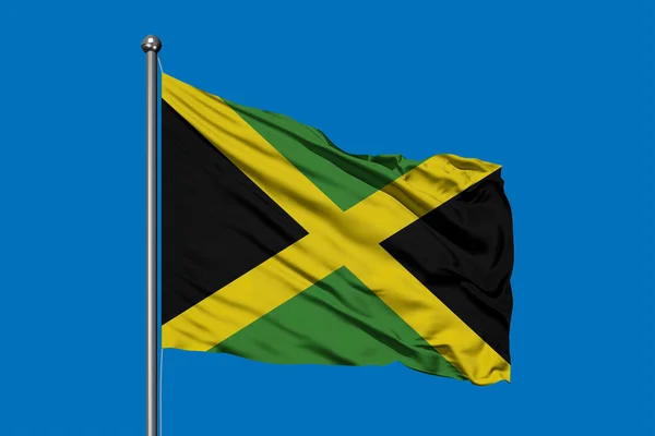Флаг Ямайки Размахивающий Ветром Фоне Глубокого Голубого Неба Флаг Ямайки — стоковое фото