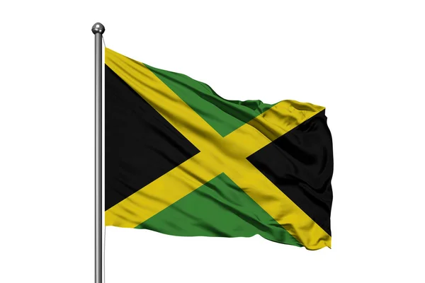 Σημαία Τζαμάικα Κουνώντας Στον Άνεμο Απομονωμένες Λευκό Φόντο Σημαία Τζαμάικα — Φωτογραφία Αρχείου