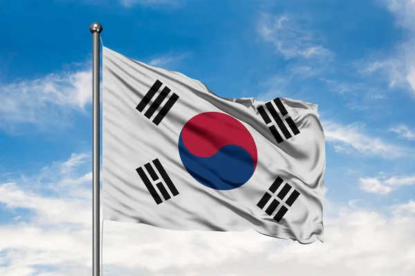 Flaga Korei Południowej Macha Wietrze Przeciwko Biały Błękitne Niebo Pochmurne — Zdjęcie stockowe