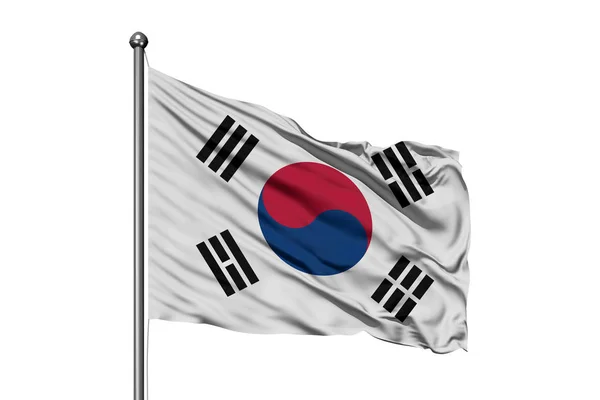 Σημαία Της Νότιας Κορέας Κουνώντας Στον Άνεμο Απομονωμένες Λευκό Φόντο — Φωτογραφία Αρχείου