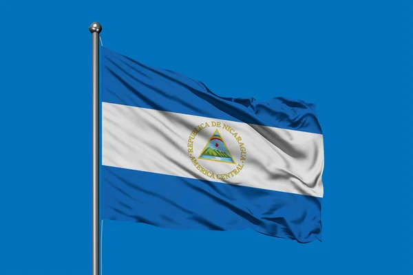 Vlag Van Nicaragua Wuiven Wind Tegen Diep Blauwe Hemel Nicaraguaanse — Stockfoto