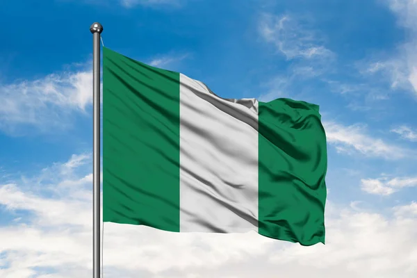 Σημαία Της Νιγηρίας Κουνώντας Στον Αέρα Εναντίον Λευκό Θολό Μπλε — Φωτογραφία Αρχείου