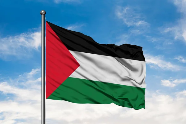 巴勒斯坦人的旗帜在风中挥舞着对白色多云的蓝天 — 图库照片