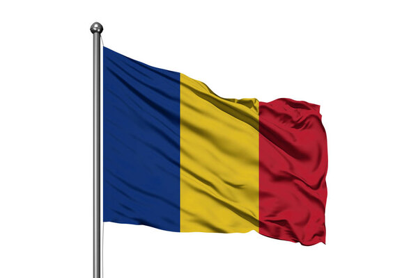 Flag of Romania waving in the wind, isolated white background. Romanian flag.