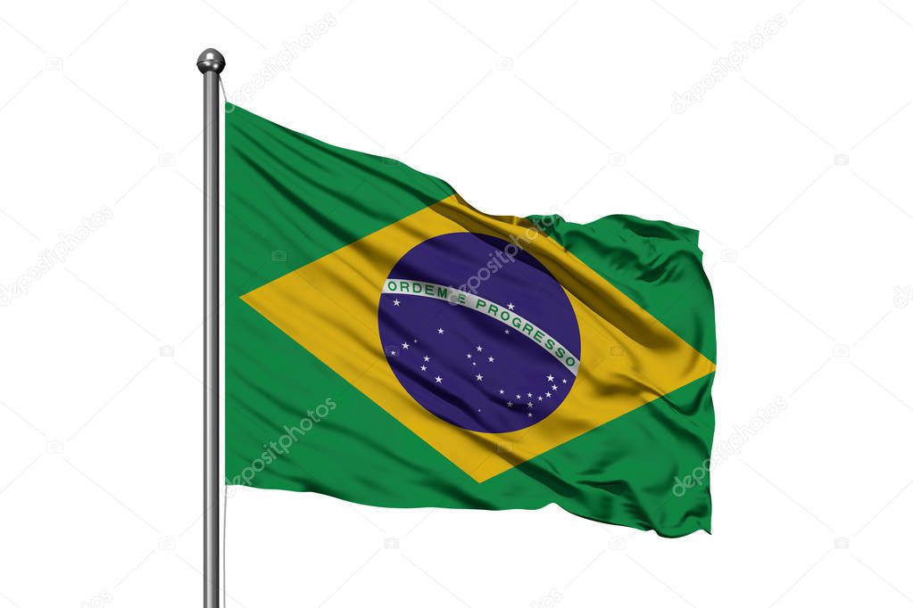 Flag of Brazil waving in the wind, isolated white background. Brazilian flag.