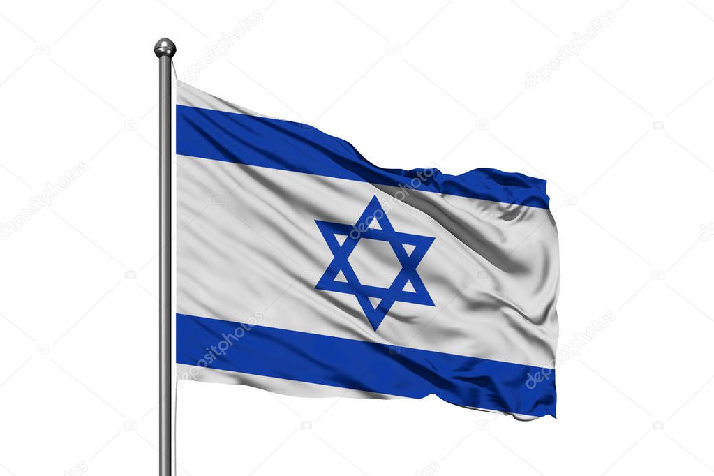 Flag of Israel waving in the wind, isolated white background. Israeli flag.