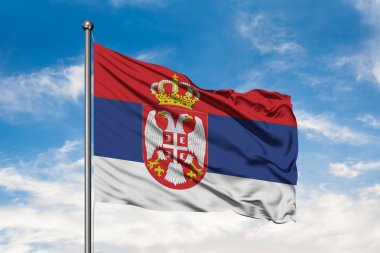Flag of Serbia waving in the wind against white cloudy blue sky. Serbian flag. clipart