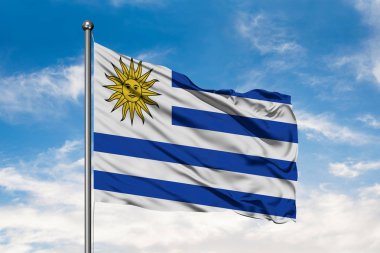 Uruguay beyaz bulutlu mavi gökyüzü karşı rüzgarda sallayarak bayrak. Uruguay bayrağı.