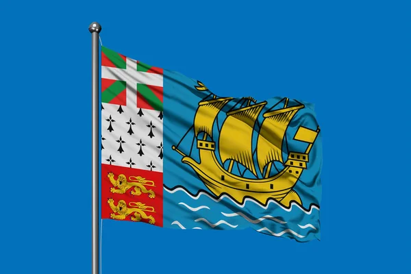 Vlag Van Saint Pierre Miquelon Wuiven Wind Tegen Diepblauwe Hemel — Stockfoto
