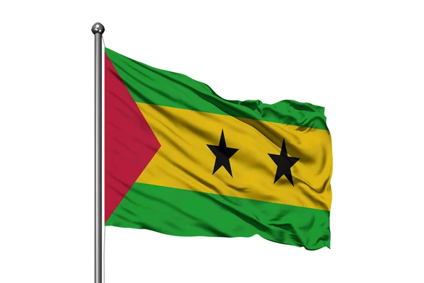 Flagga Sao Tome Och Principe Vajade Vinden Isolerade Vit Bakgrund — Stockfoto
