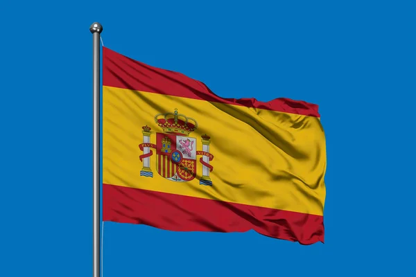 西班牙国旗在风中向深蓝色的天空飘扬 西班牙国旗 — 图库照片