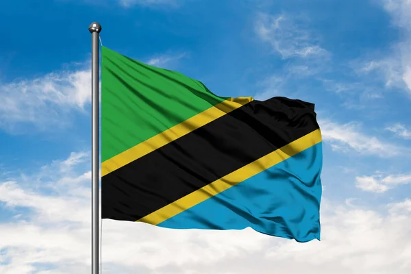 Vlajka Tanzanie Mávat Větru Proti Bílé Modrou Oblohou Vlajka Tanzanie — Stock fotografie