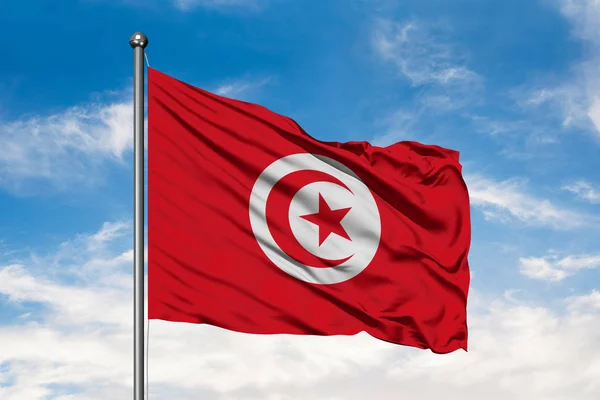Flagga Tunisien Vajade Vinden Mot Vit Grumlig Blå Himmel Tunisiska — Stockfoto