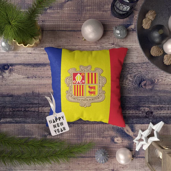 Etiqueta Feliz Año Nuevo Con Bandera Andorra Almohada Concepto Decoración — Foto de Stock