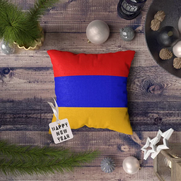 Etiqueta Feliz Año Nuevo Con Bandera Armenia Almohada Concepto Decoración — Foto de Stock