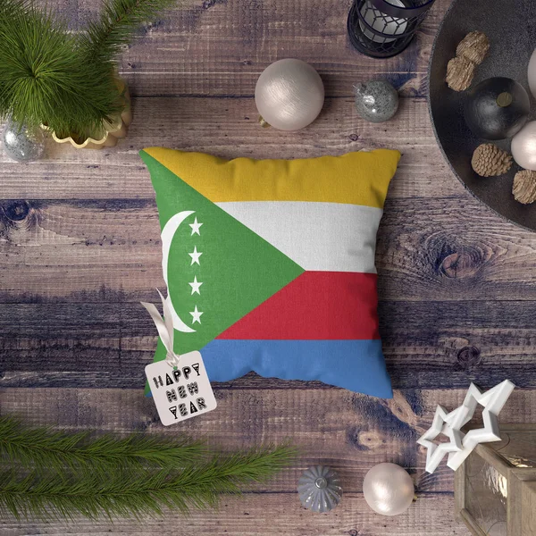 Etiqueta Feliz Año Nuevo Con Bandera Las Comoras Almohada Concepto — Foto de Stock