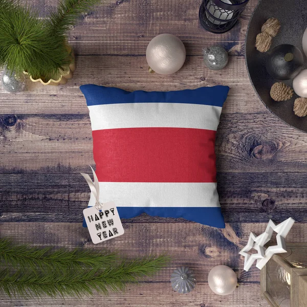 Etiqueta Feliz Año Nuevo Con Bandera Costa Rica Almohada Concepto — Foto de Stock