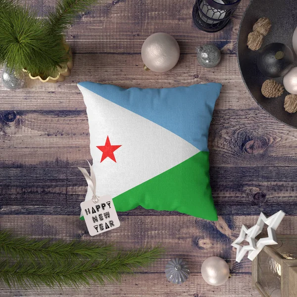 Feliz Año Nuevo Etiqueta Con Bandera Djibouti Almohada Concepto Decoración — Foto de Stock