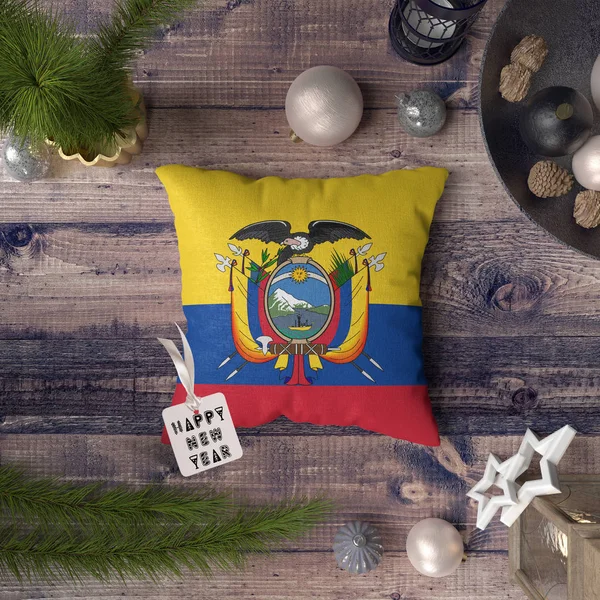 Etiqueta Feliz Año Nuevo Con Bandera Ecuador Almohada Concepto Decoración — Foto de Stock