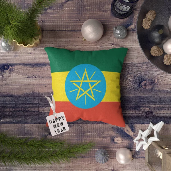 Etiqueta Feliz Año Nuevo Con Bandera Etiopía Almohada Concepto Decoración — Foto de Stock