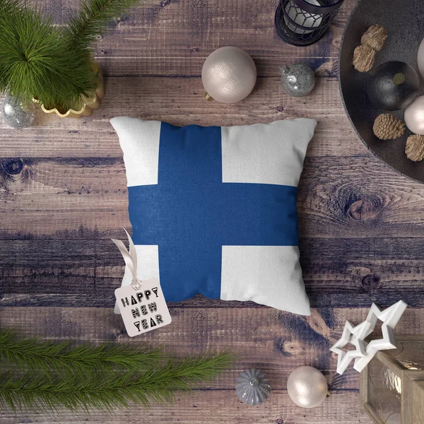 Etiqueta Feliz Año Nuevo Con Bandera Finlandia Almohada Concepto Decoración — Foto de Stock