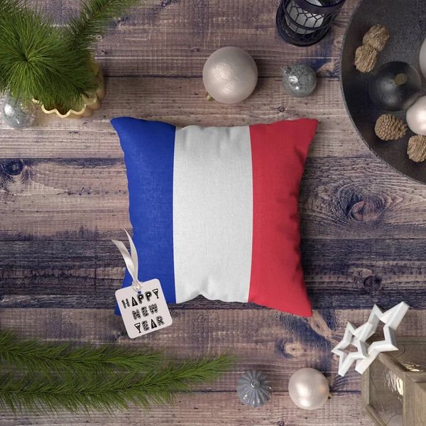 Feliz Año Nuevo Etiqueta Con Bandera Francia Almohada Concepto Decoración —  Fotos de Stock