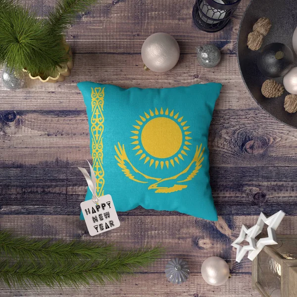 Etiqueta Feliz Año Nuevo Con Bandera Kazajstán Almohada Concepto Decoración — Foto de Stock