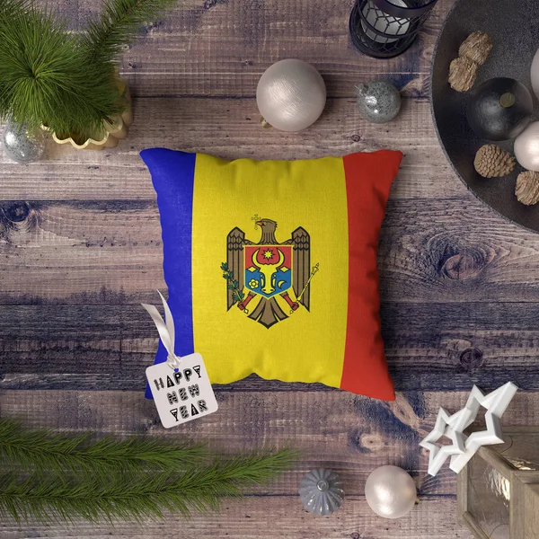 Etiqueta Feliz Año Nuevo Con Bandera Moldavia Almohada Concepto Decoración — Foto de Stock