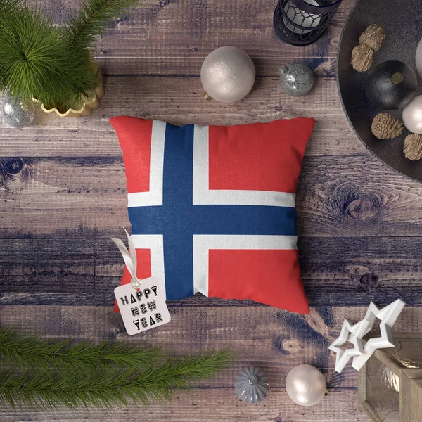 Feliz Año Nuevo Etiqueta Con Bandera Noruega Almohada Concepto Decoración — Foto de Stock