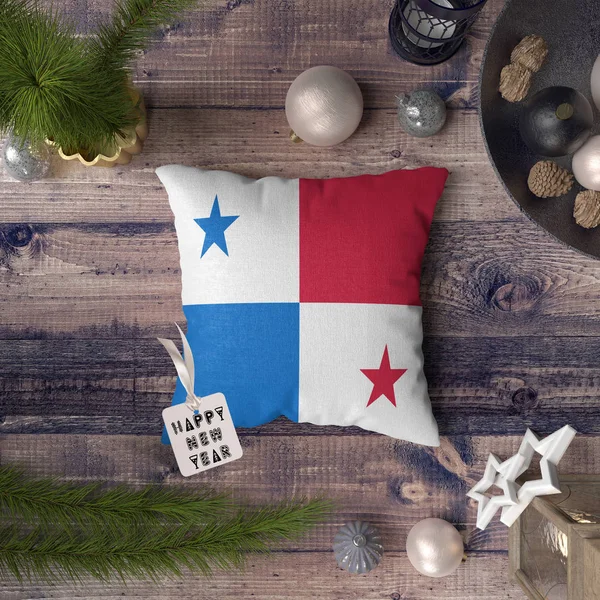 Etiqueta Feliz Año Nuevo Con Bandera Panamá Almohada Concepto Decoración — Foto de Stock