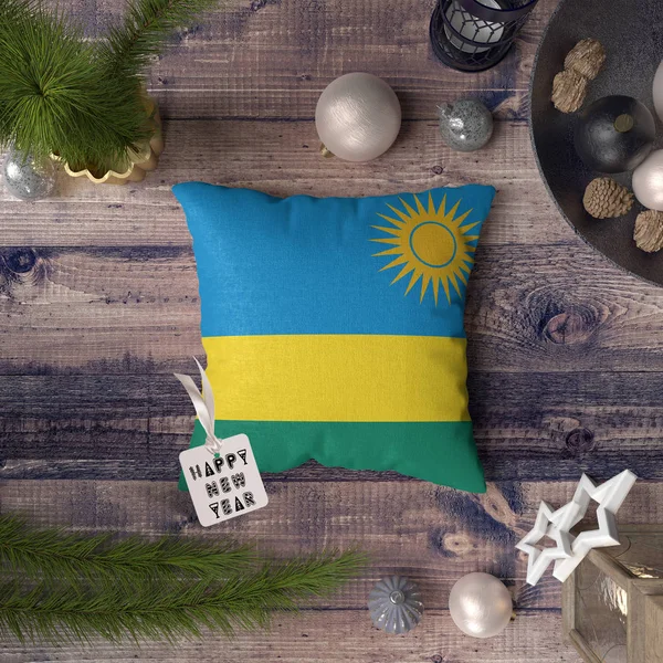 Etiqueta Feliz Año Nuevo Con Bandera Ruanda Almohada Concepto Decoración — Foto de Stock