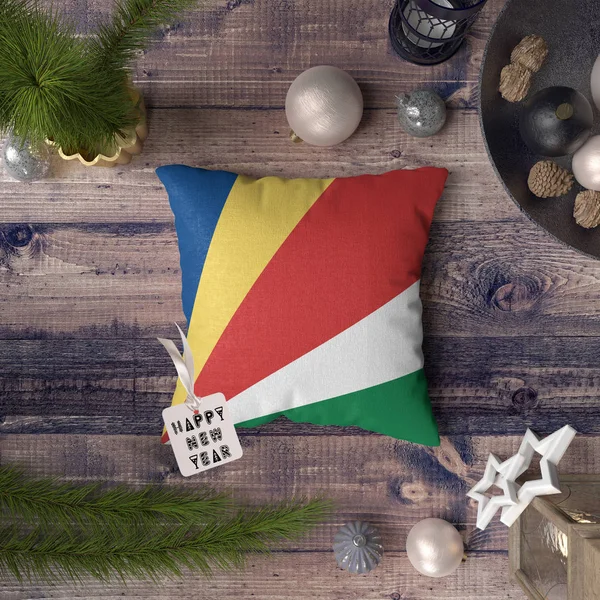 Feliz Año Nuevo Etiqueta Con Bandera Seychelles Almohada Concepto Decoración — Foto de Stock