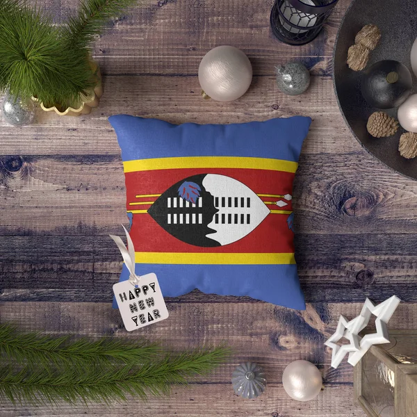 Etiqueta Feliz Año Nuevo Con Bandera Suazilandia Almohada Concepto Decoración — Foto de Stock