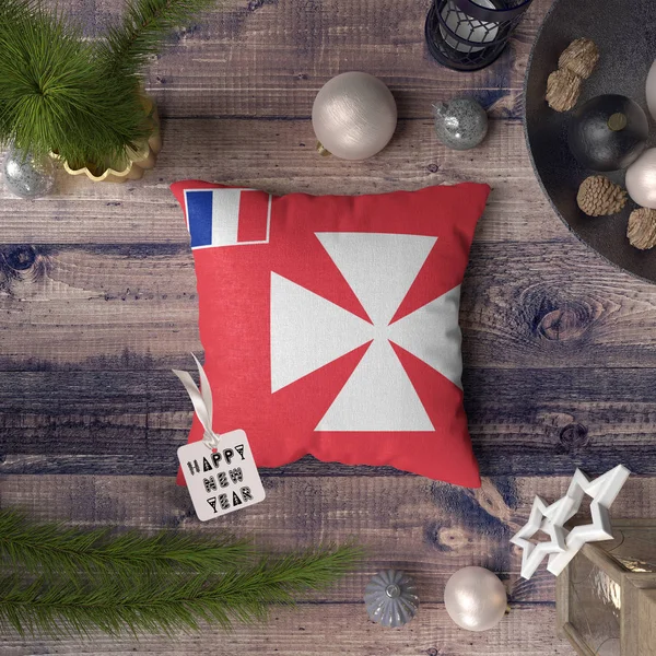 Etiqueta Feliz Año Nuevo Con Wallis Futuna Bandera Almohada Concepto — Foto de Stock