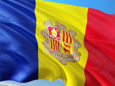 Andorra derin mavi gökyüzü karşı rüzgarda sallayarak bayrak. Yüksek kaliteli kumaş.