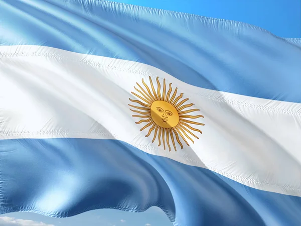 Bandera Argentina Ondeando Viento Contra Cielo Azul Profundo Tejido Alta —  Fotos de Stock