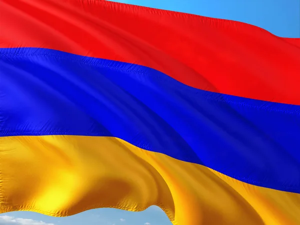Bandera Armenia Ondeando Viento Contra Cielo Azul Profundo Tejido Alta — Foto de Stock