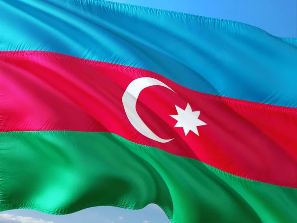 Die Fahne Von Azerbaijan Weht Wind Vor Tiefblauem Himmel Hochwertiger — Stockfoto