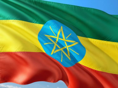 Etiyopya karşı derin mavi gökyüzü rüzgarda sallayarak bayrak. Yüksek kaliteli kumaş.