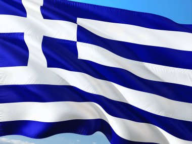 Yunanistan derin mavi gökyüzü karşı rüzgarda sallayarak bayrak. Yüksek kaliteli kumaş.