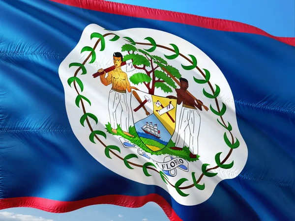 Flag Belize Waving Wind Deep Blue Sky High Quality Fabric — Stock Photo, Image